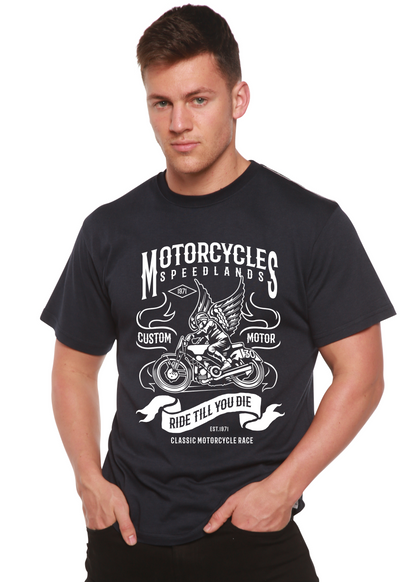 Men's Spun Bamboo motorcycle graphic T-shirt in bamboo viscose and organic cotton short sleeve, featuring a printed motorcycle design.
