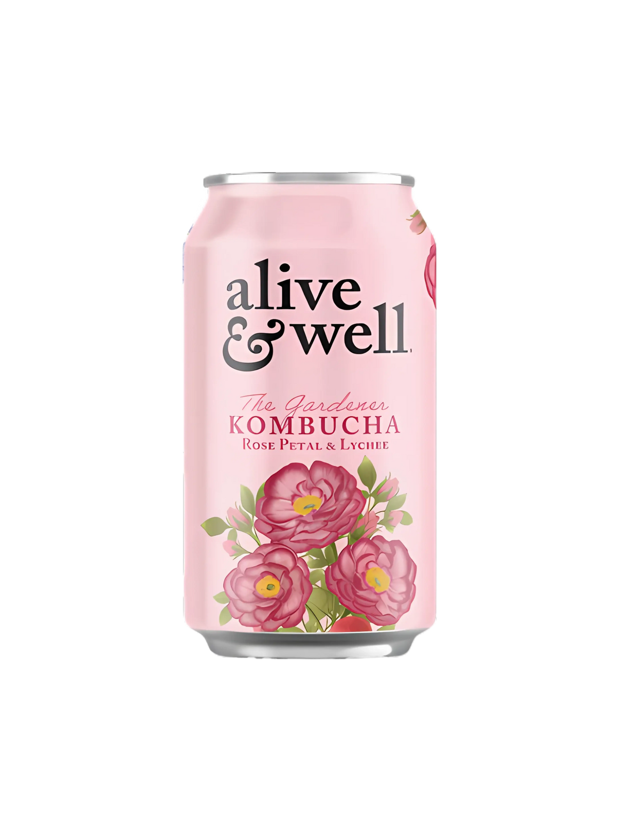 Organic Rose Petal and Lychee Kombucha by Alive & Well Kombucha in a six-pack, featuring colorful bottles with floral and fruit labels.