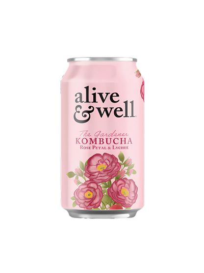 Organic Rose Petal and Lychee Kombucha by Alive & Well Kombucha in a six-pack, featuring colorful bottles with floral and fruit labels.