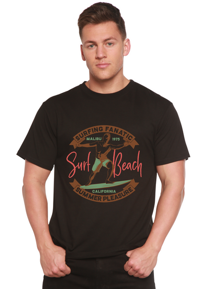 Mens Spun Bamboo surf beach graphic T-shirt made from bamboo viscose and organic cotton, featuring a colorful printed design.
