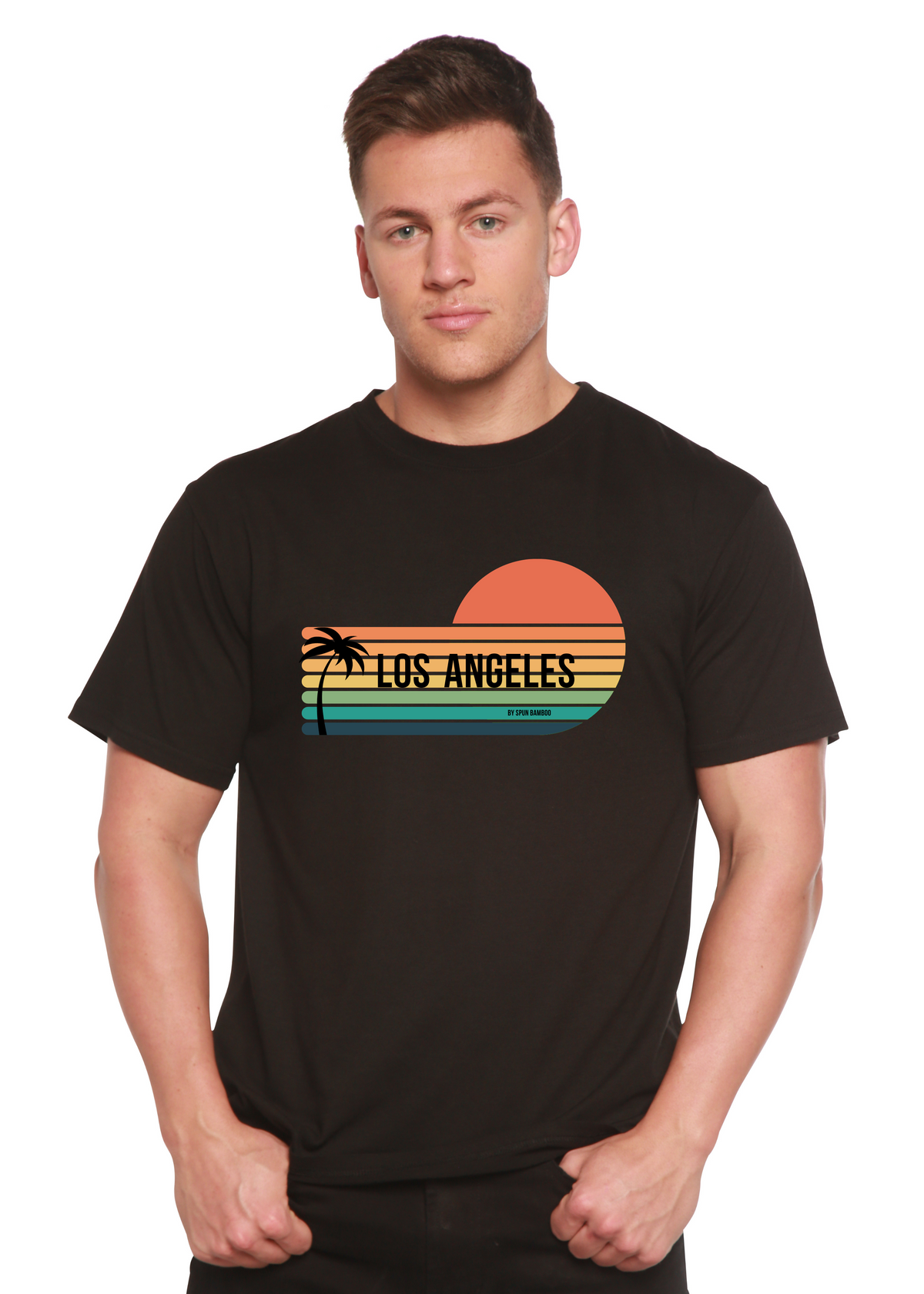 Men's Los Angeles Spun Bamboo graphic T-shirt with short sleeves, featuring a printed design on organic cotton and bamboo viscose fabric.