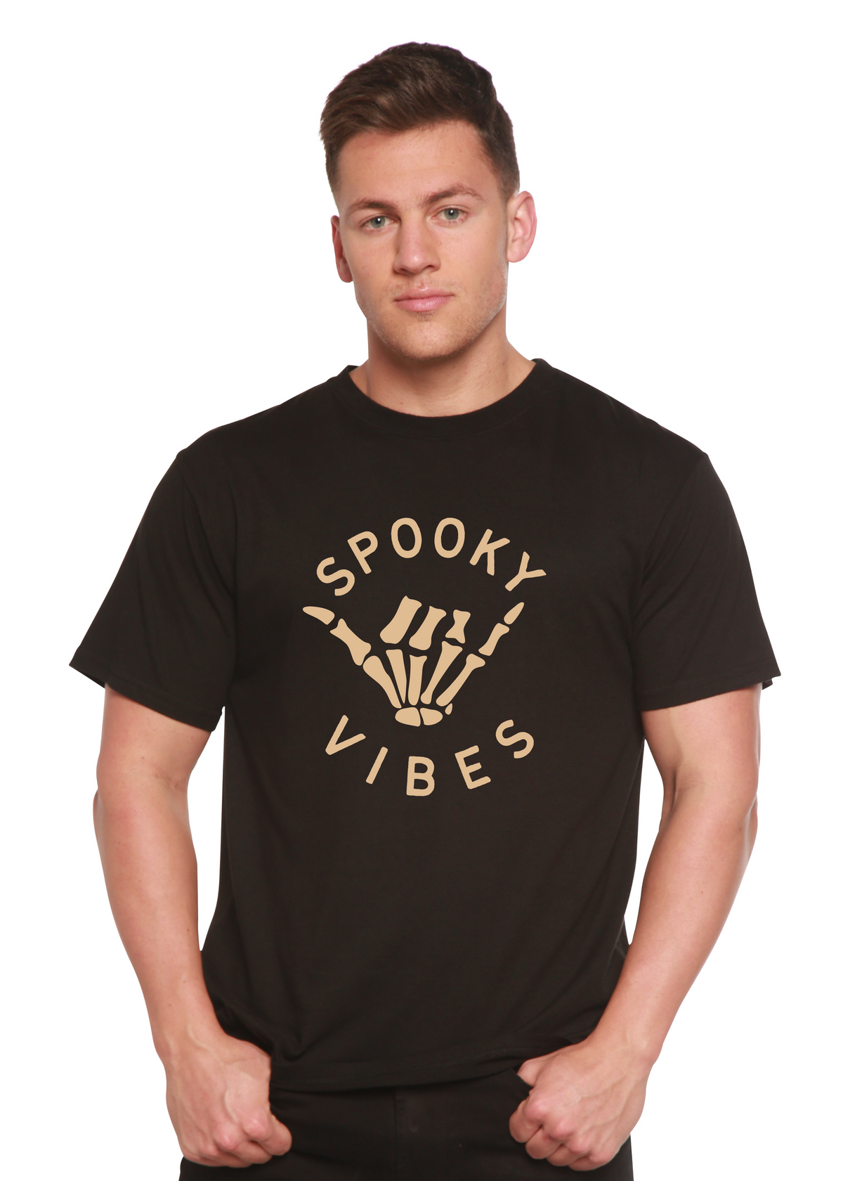 Spooky Vibes men's bamboo viscose organic cotton short sleeve graphic T-shirt by Spun Bamboo with spooky design and printed artwork.