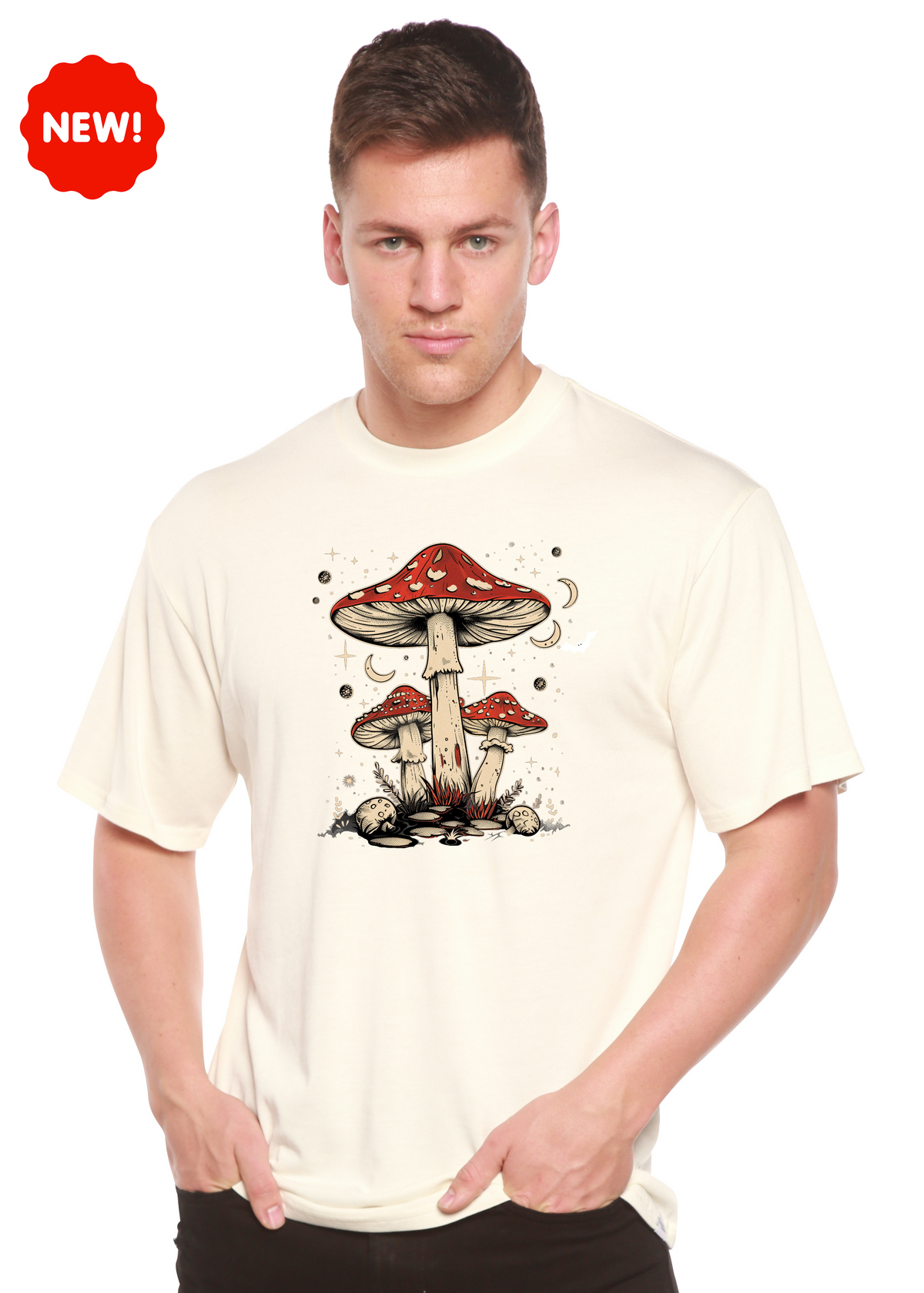 Men's printed T-shirt featuring boho retro hippie mushroom graphic, made from bamboo and cotton by Spun Bamboo.