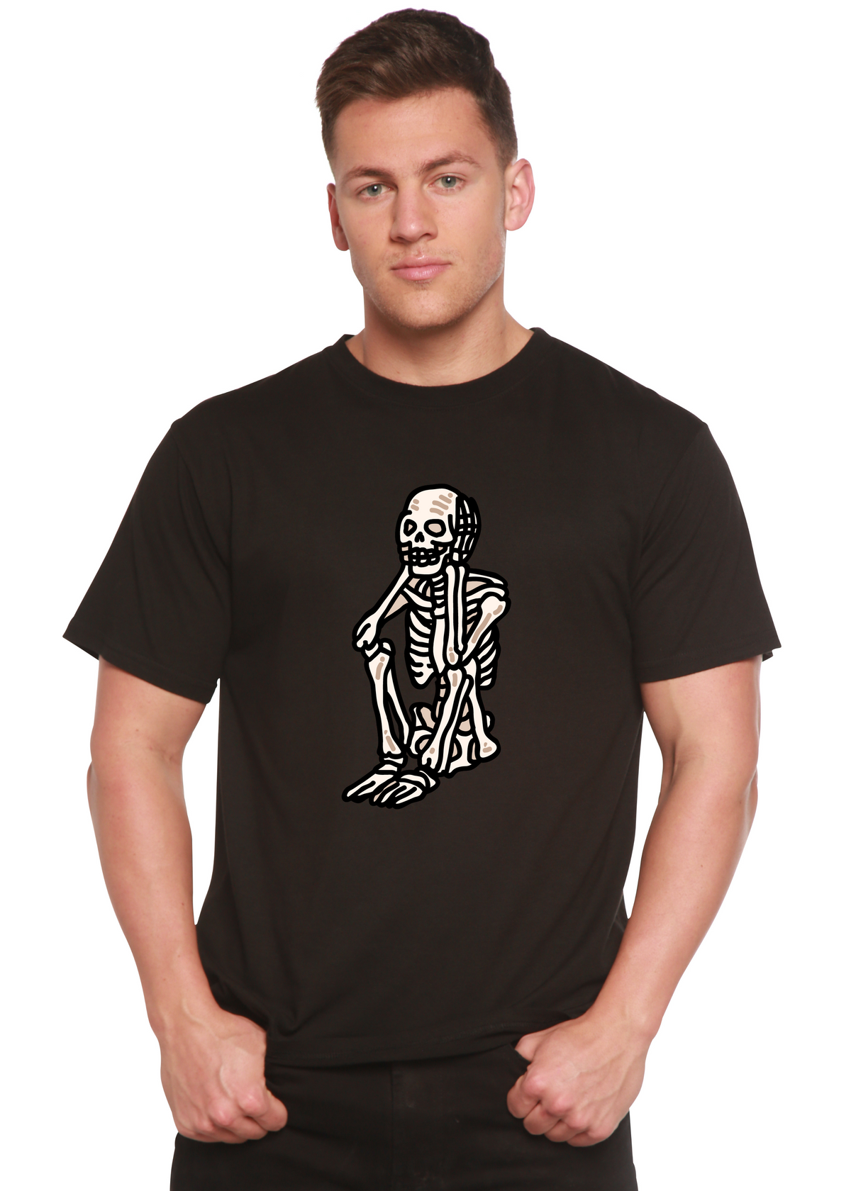 Spun Bamboo men's short sleeve T-shirt featuring a graphic of a sad skeleton Halloween design in bamboo viscose and organic cotton.