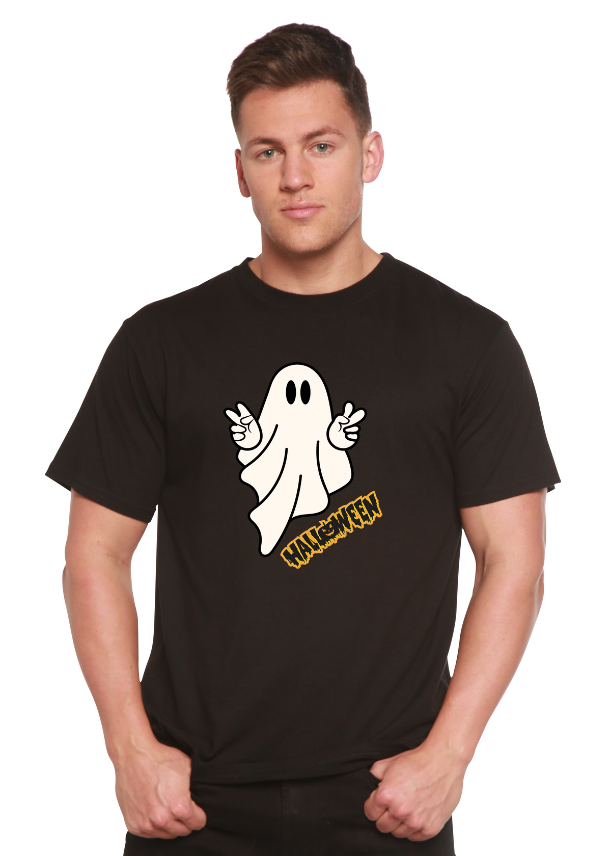 Men's Halloween Ghost graphic T-shirt by Spun Bamboo, short sleeve shirt made from bamboo viscose and organic cotton.