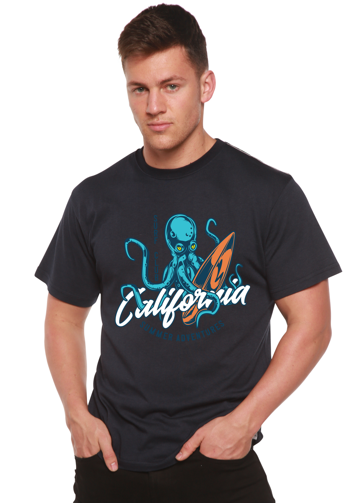 Spun Bamboo California Summer Adventures men's short sleeve graphic T-shirt with colorful summer-themed print on bamboo-viscose cotton fabric.