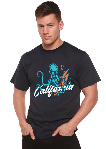 Spun Bamboo California Summer Adventures men's short sleeve graphic T-shirt with colorful summer-themed print on bamboo-viscose cotton fabric.