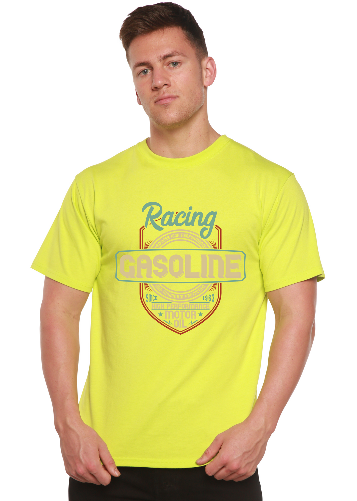 Spun Bamboo men's racing graphic T-shirt in bamboo viscose and organic cotton with a vibrant printed design.