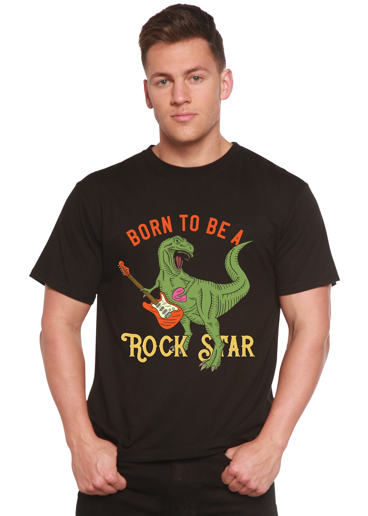 Men's Spun Bamboo graphic T-shirt with "Born To Be A Rock Star" print in bamboo viscose and organic cotton short sleeve fabric.