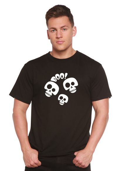 Men's Halloween Boo graphic T-shirt by Spun Bamboo, short sleeve unisex tee in bamboo viscose and organic cotton with spooky print.