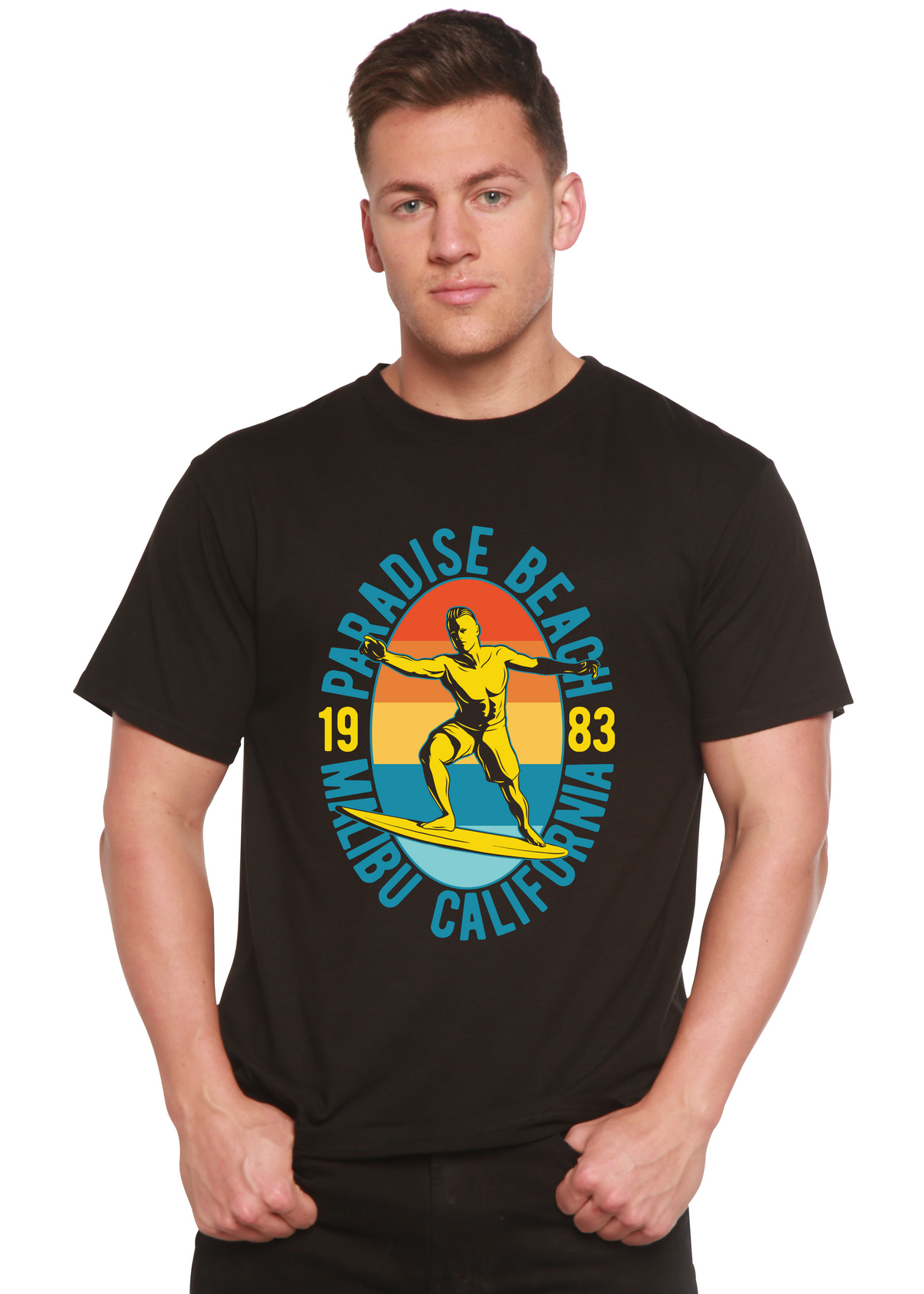 Spun Bamboo Paradise Beach 1983 men's printed short sleeve graphic T-shirt made of bamboo viscose and organic cotton.