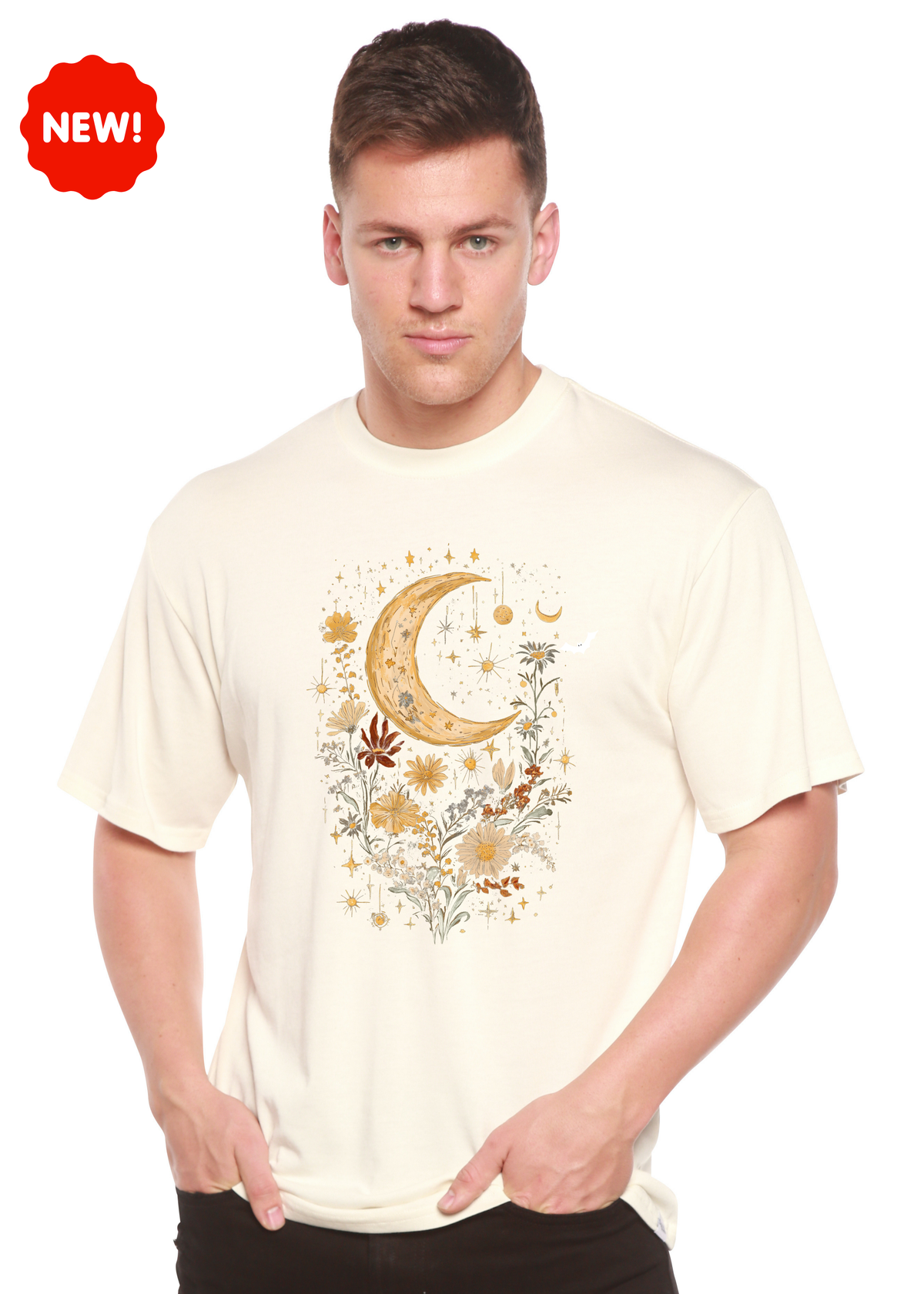 Men's printed T-shirt by Spun Bamboo featuring celestial moon, boho flowers, vintage design, made from bamboo and cotton.