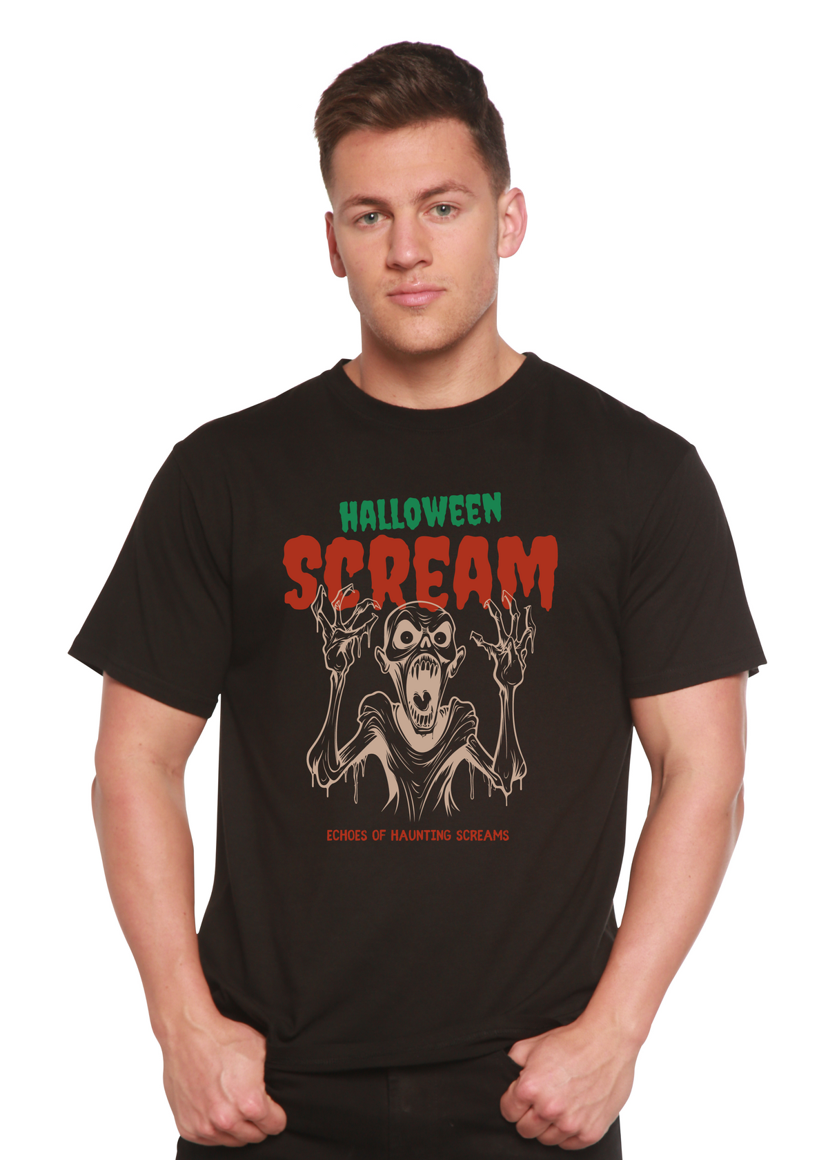 Spun Bamboo men's Halloween Scream graphic T-shirt with short sleeves, bamboo viscose and organic cotton fabric, featuring spooky print.