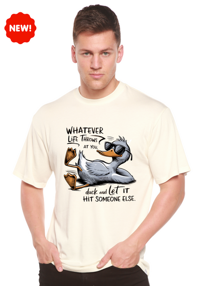 Unisex bamboo/cotton graphic T-shirt with humorous "Whatever Life Throws at You" print, by Spun Bamboo, casual men's apparel