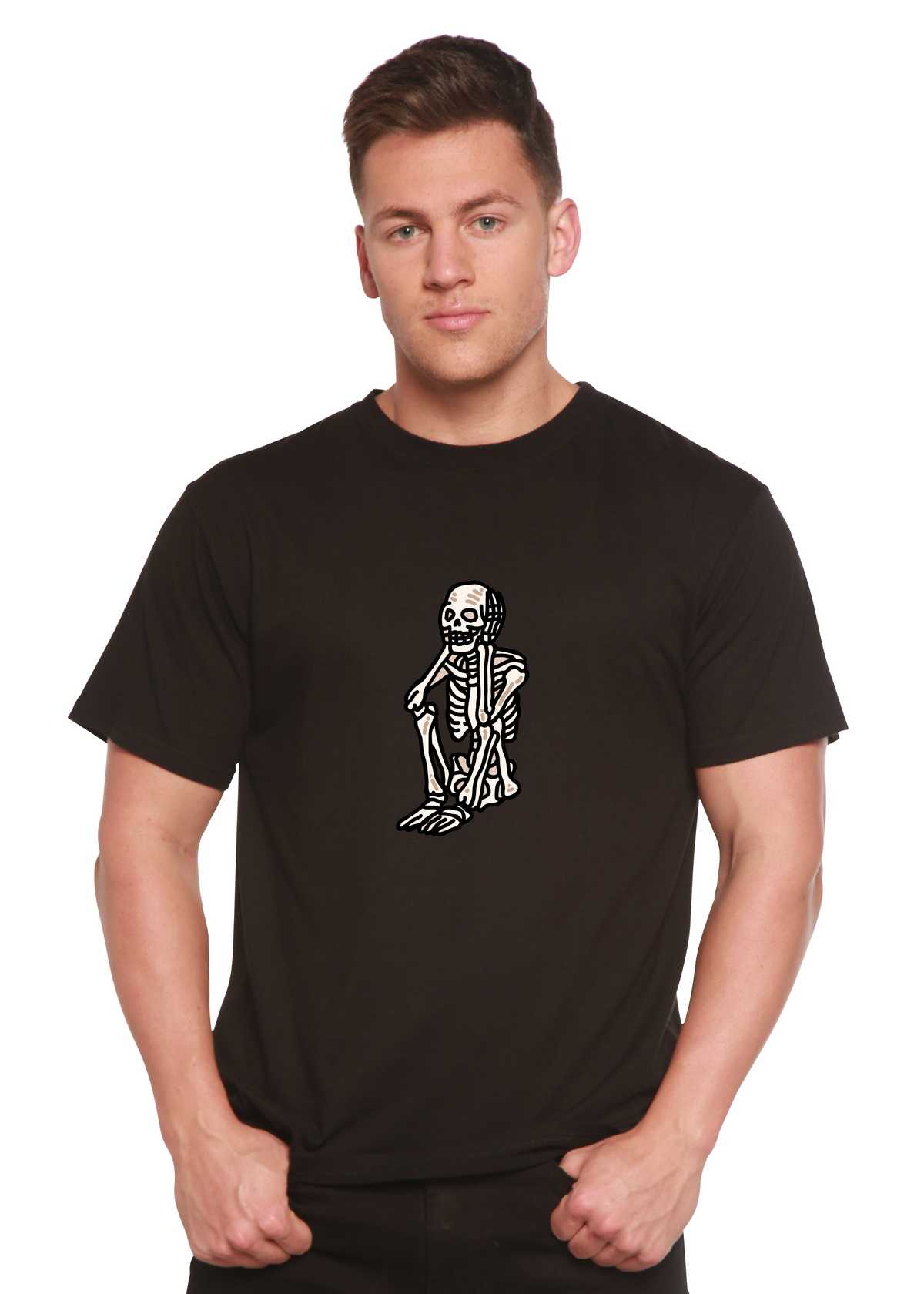 Men's printed Sad Skeleton Halloween T-shirt by Spun Bamboo featuring a graphic skeleton design on organic cotton short sleeve tee.