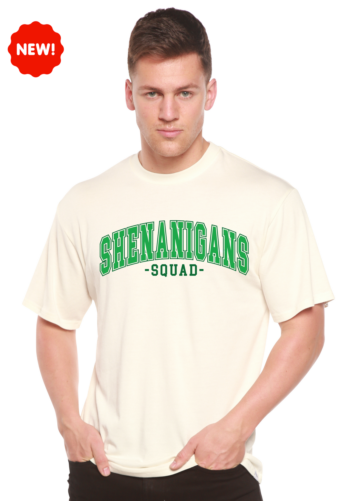 Unisex bamboo and cotton graphic T-shirt by Spun Bamboo featuring a fun shenanigans squad design on the front.
