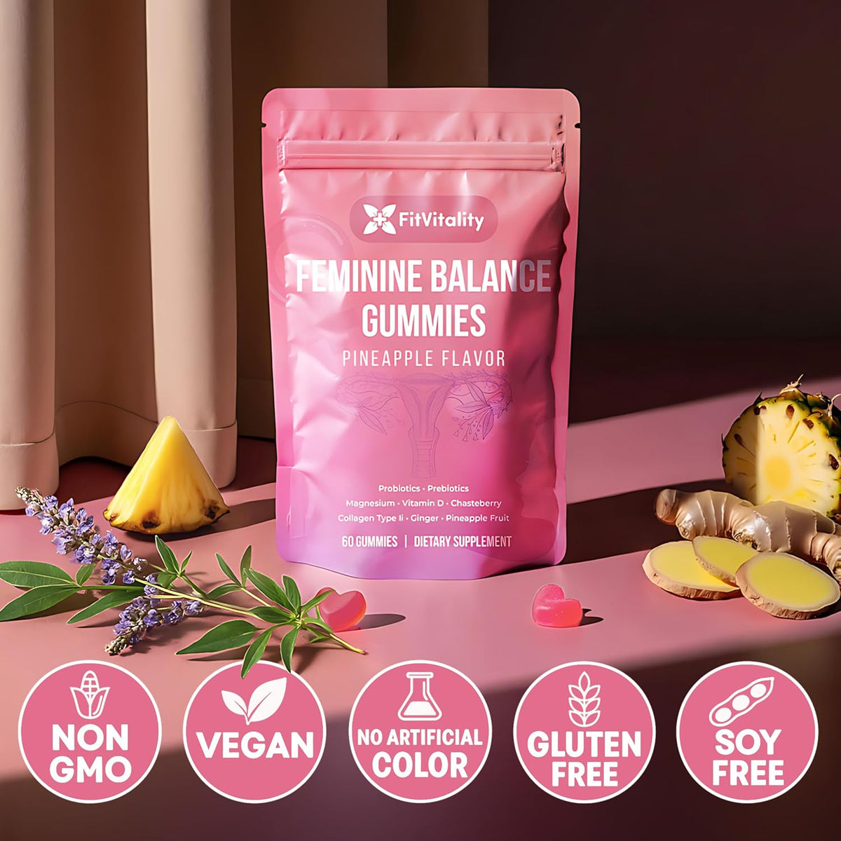 Premium Feminine Balance Gummies – Vaginal Probiotics & Support Digestive Health – Probiotics, Collagen Type II, Chasteberry, Vitamin D & Magnesium