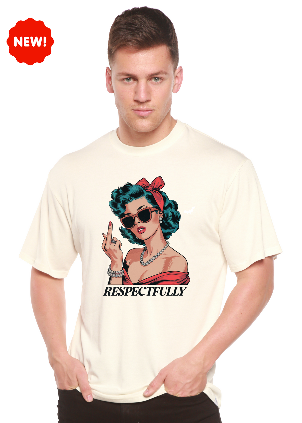 Unisex Spun Bamboo graphic T-shirt featuring a respectful middle finger design in bamboo and cotton fabric.