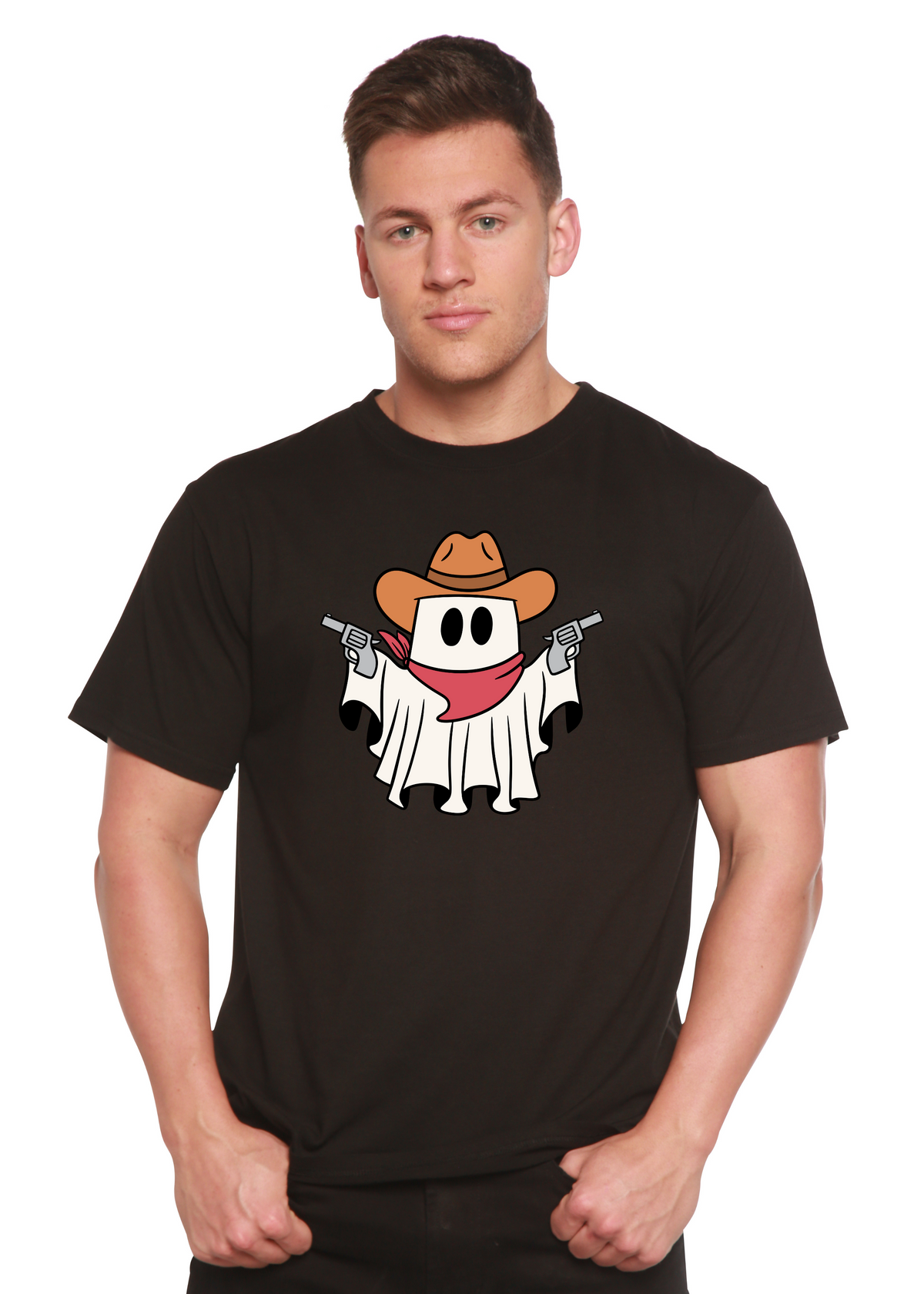 Spun Bamboo cowboy ghost unisex graphic T-shirt with short sleeves, bamboo viscose and organic cotton, printed design on front.