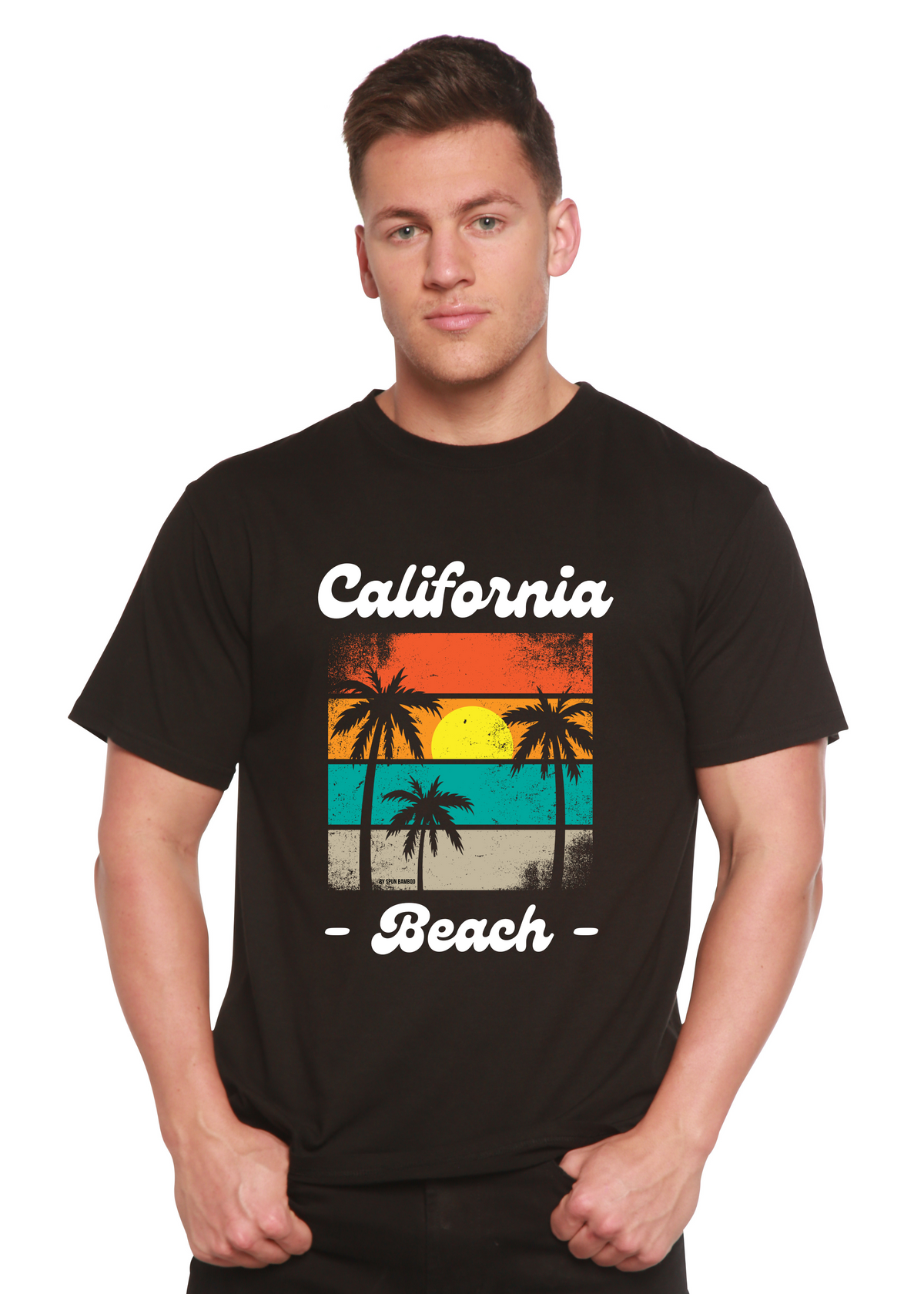 Spun Bamboo California Beach unisex graphic T-shirt with short sleeves, bamboo viscose and organic cotton fabric, printed design.