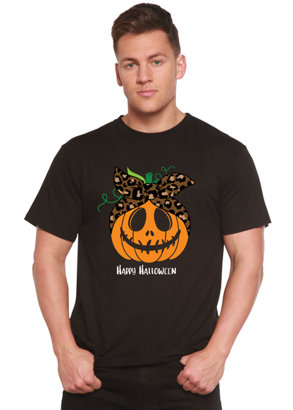 Happy Halloween men's bamboo viscose organic cotton graphic T-shirt with Halloween-themed print and short sleeves, by Spun Bamboo.