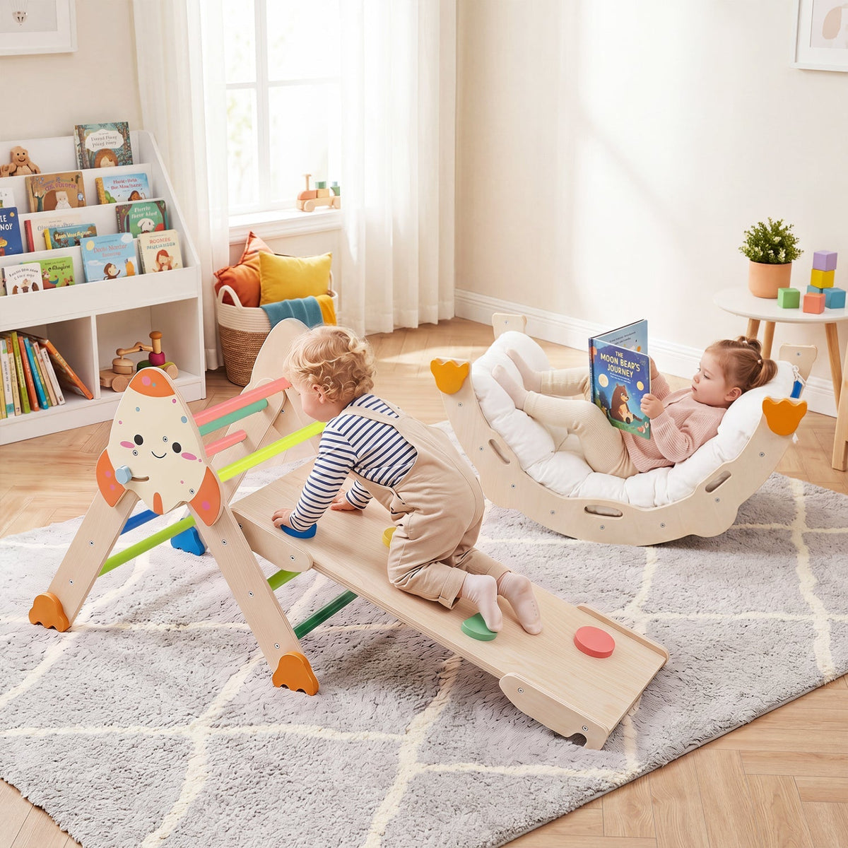 Foldable 8-in-1 toddler climbing toy set with rocket theme from GBruno Store, featuring colorful climbing structures and fun design.