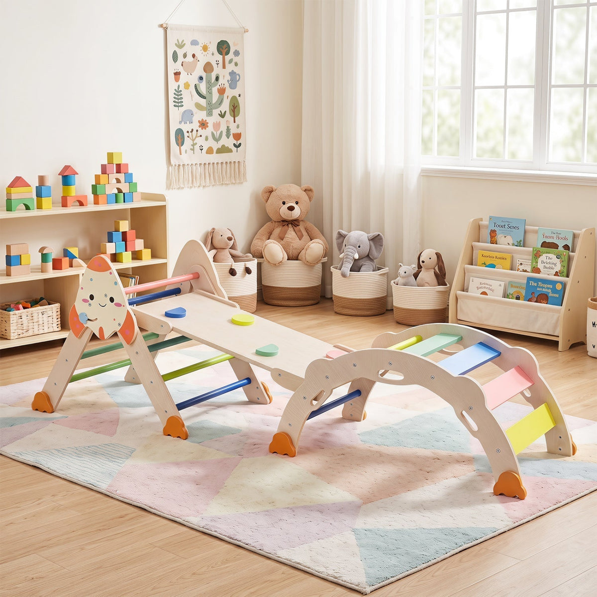 Colorful 8-in-1 foldable climbing toy set for toddlers with rocket theme, featuring soft mats and climbing elements.