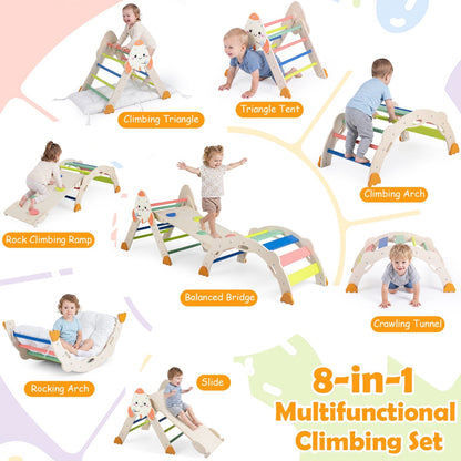 Colorful 8-in-1 foldable toddler climbing toy set with rocket theme, including slides, ladders, and climbing elements for active play.