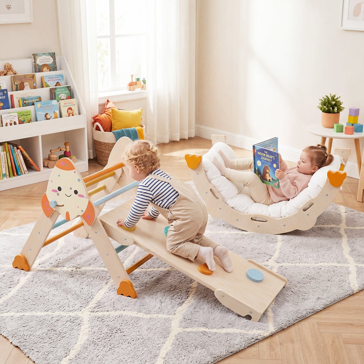 Colorful 8-in-1 foldable climbing toy set for toddlers with a rocket theme, designed for safe indoor play and active fun.