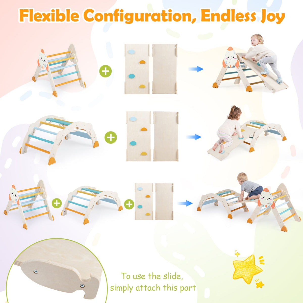 Foldable 8-in-1 toddler climbing toy set with rocket theme, featuring colorful climbing structures and slides for active play.