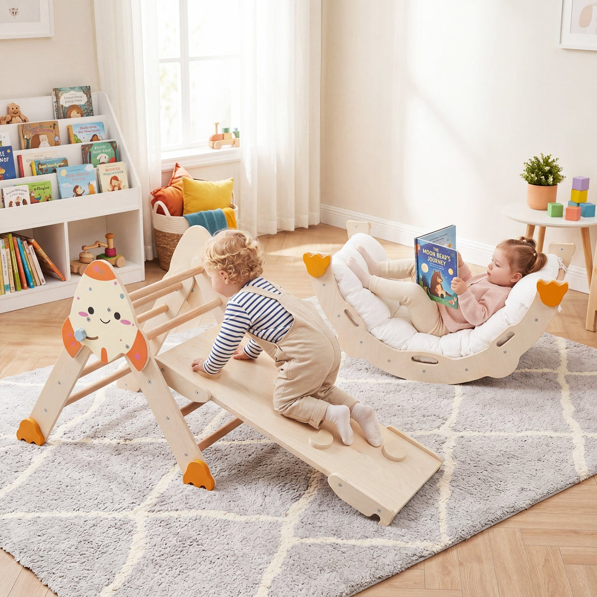 Colorful 8-in-1 foldable climbing toy set for toddlers with rocket theme, featuring soft steps and safety rails for active play.