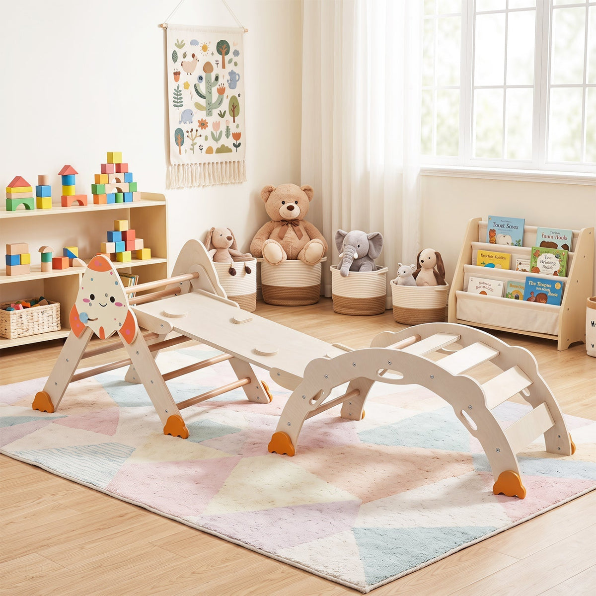 Colorful 8-in-1 foldable toddler climbing toy set with rocket theme, designed for safe indoor play and active development.