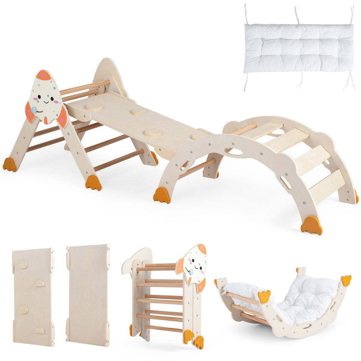 Colorful 8-in-1 foldable climbing toy set for toddlers with a rocket theme, featuring various climbing and play options.