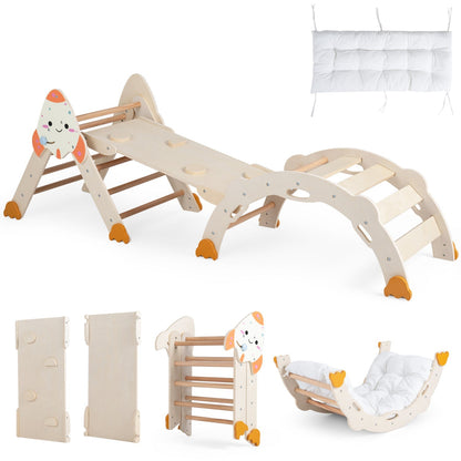 Colorful 8-in-1 foldable climbing toy set for toddlers with a rocket theme, featuring various climbing and play options.