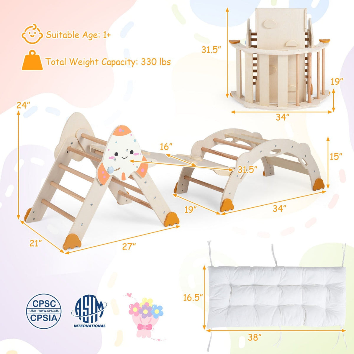Foldable 8-in-1 toddler climbing toy set with rocket theme, colorful plastic climbing structure for kids' active play.