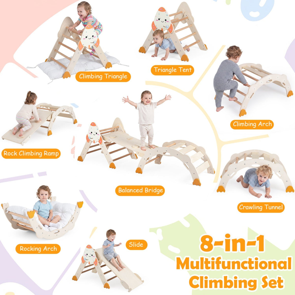Colorful 8-in-1 foldable climbing toy set for toddlers with a rocket theme, designed for safe indoor play and development.