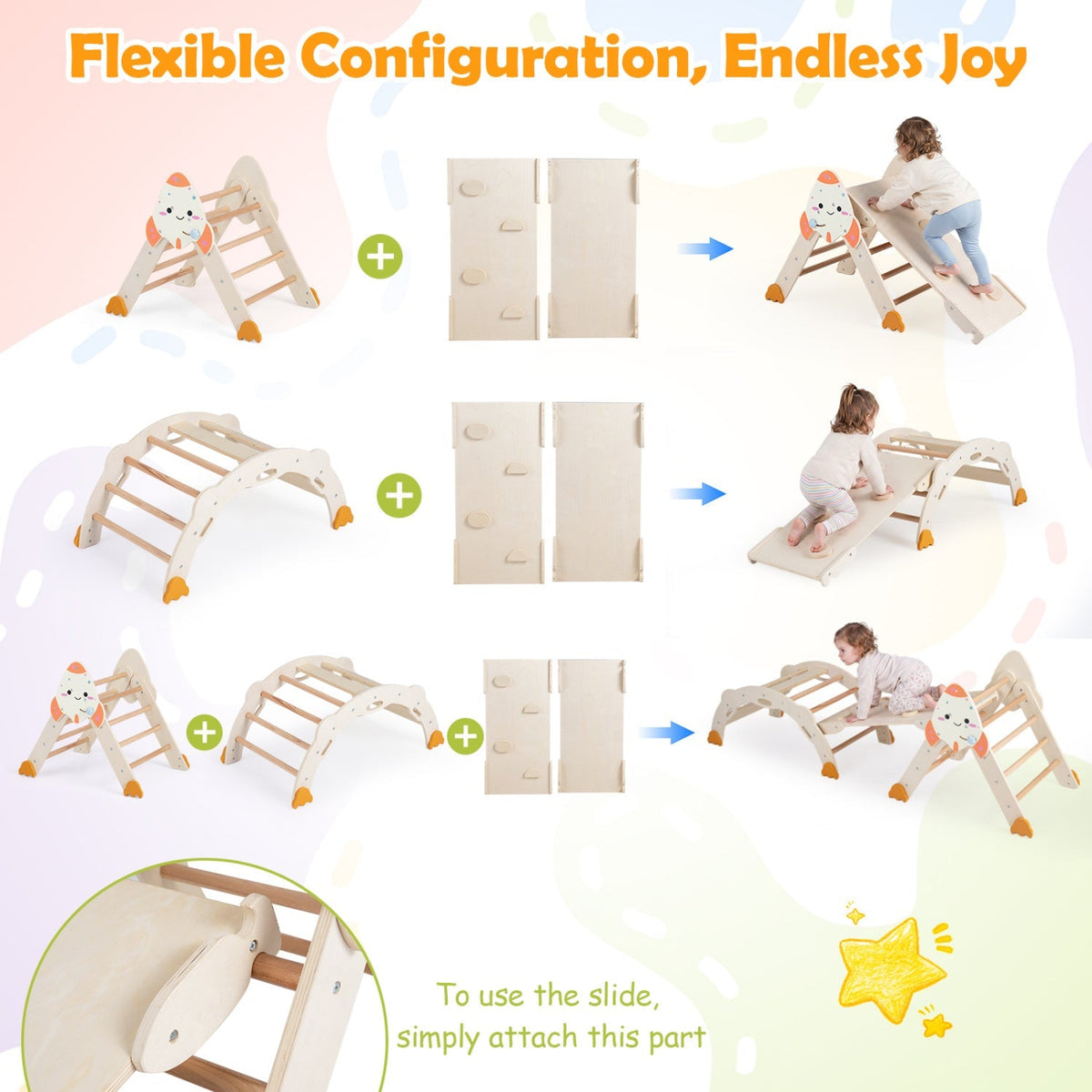 Foldable 8-in-1 toddler climbing toy set with rocket theme, includes ramps, slide, and climbing stations for active play.