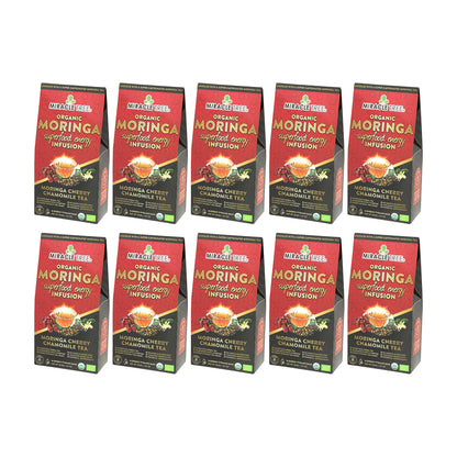 Organic Moringa Energy Tea by Miracle Tree featuring cherry and chamomile, natural coffee alternative with vibrant tea leaves and cherry blossoms.