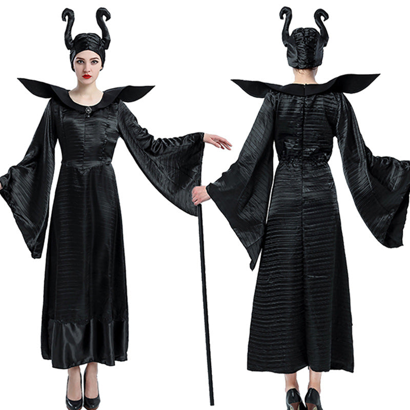 Dark Halloween witch costume with black dress, pointed hat, and spooky details