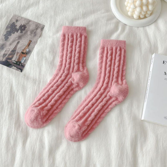 Women's thick solid-color mid-calf cotton socks, pair displayed flat