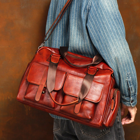 Full-grain leather vintage tote bag with large capacity and durable handles