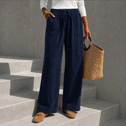 Women's corduroy wide-leg pants with elastic waist and drawstring, loose casual long pants in autumn winter style