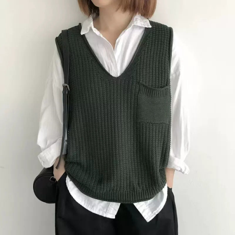 Simple V-neck artistic knit vest in a textured design, front view