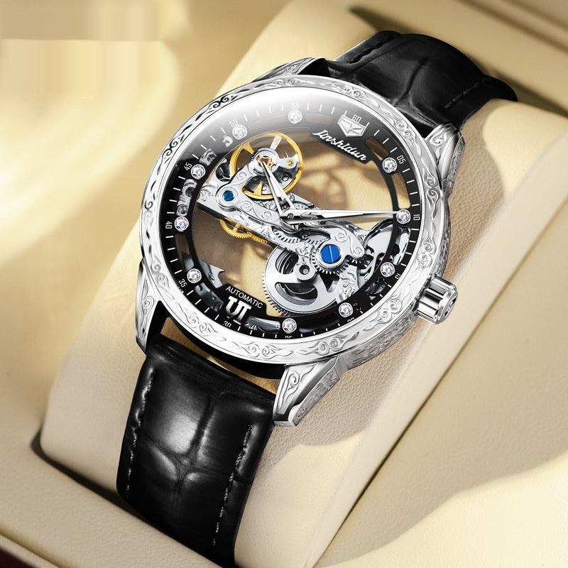 Openwork mechanical watch for men with waterproof leather strap and visible skeleton dial