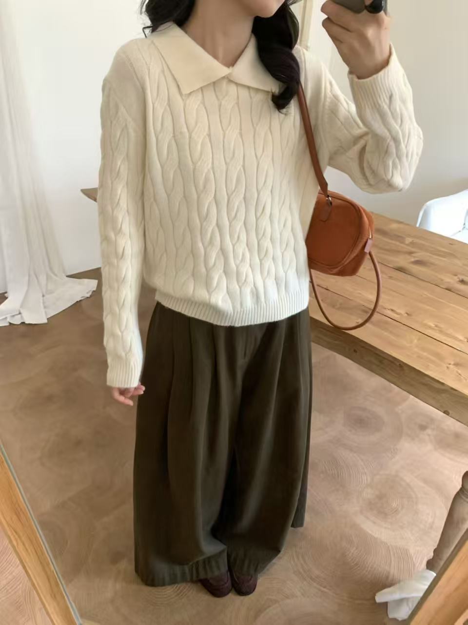 Women's lapel cable-knit pullover sweater, loose-fit autumn and winter layering top