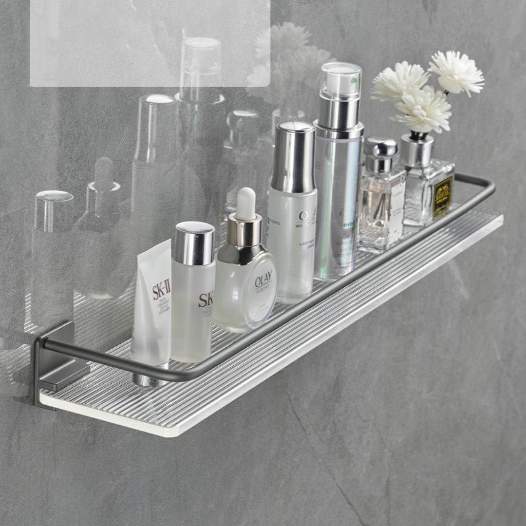 Acrylic bathroom towel storage rack with open shelves for organizing towels and toiletries