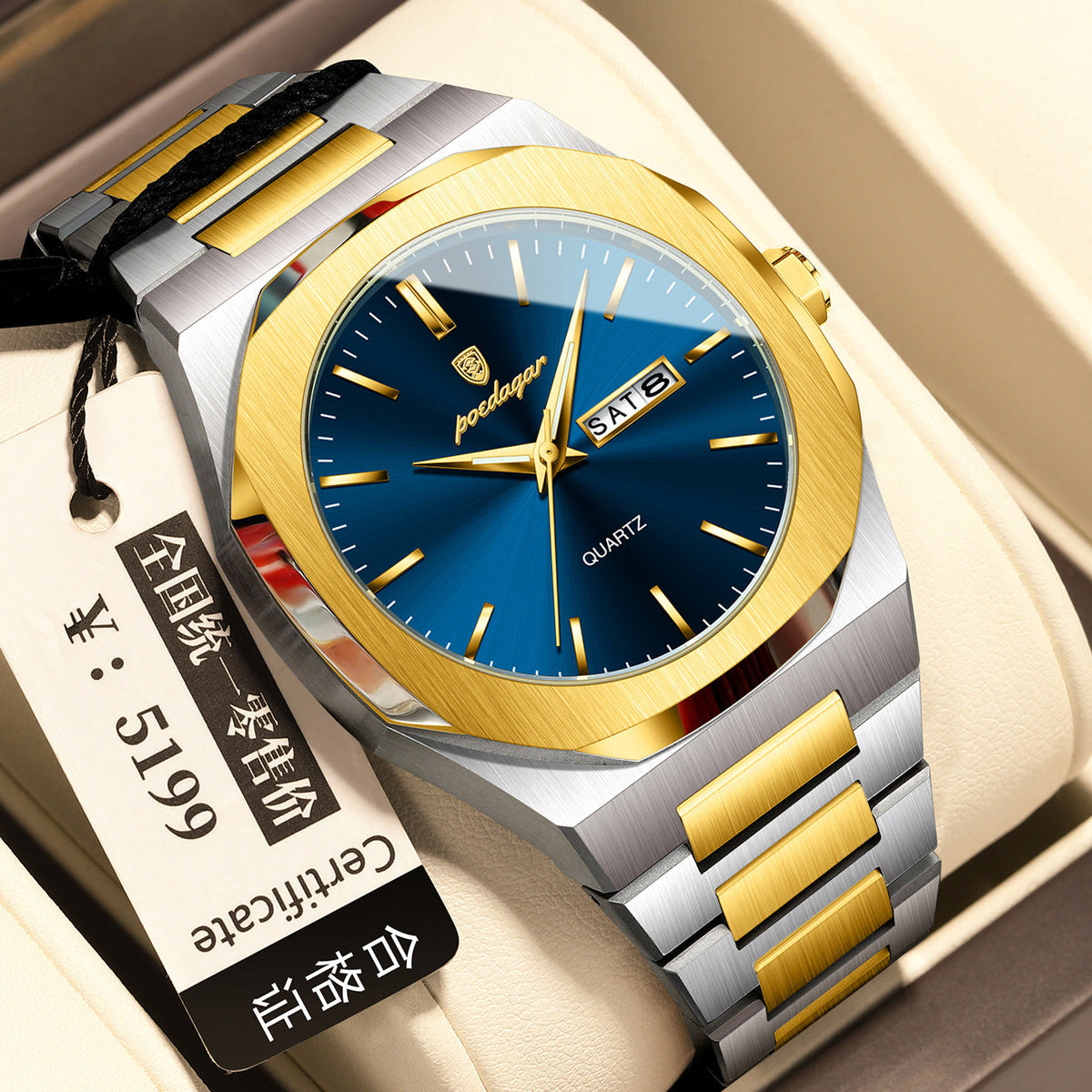Men's waterproof luminous quartz watch with a dark dial and glow-in-the-dark hands