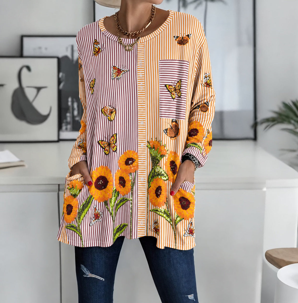 Women’s sunflower butterfly striped patchwork long-sleeve tunic top by My Store
