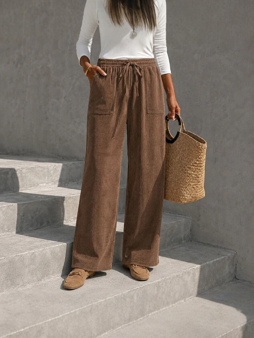 Women's corduroy wide-leg pants with elastic waist and drawstring, loose casual long pants in autumn brown