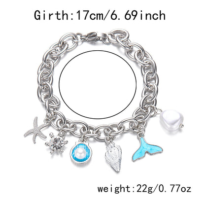 Women's starfish, pearl, shell and fishtail multi-pendant necklace bracelet vel anklet jewelry set